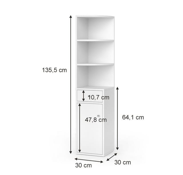 Vicco - Eckregal Larry, Weiß, 30 x 135.5 cm mit Tür und Schublade