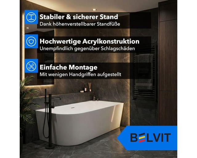 Aloni - Halb-Freistehende Badewanne Eckwanne 180x80 Rechts Rundeck Acryl Weiß