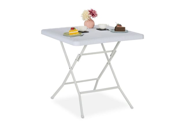 Relaxdays Gartentisch Holz-Optik, quadratisch, HBT: 74x78x78 cm, Balkontisch, Kunststoff, Metall, Outdoortisch, weiß