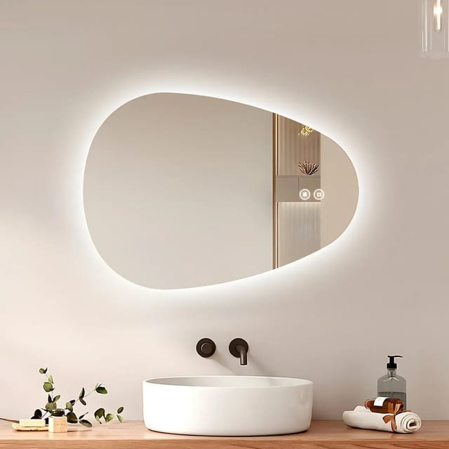 Emke - led Badspiegel mit Anti-Beschlag 80 x 60 cm Asymmetrischer Wassertropfenspiegel mit 3 Dimmbare Lichtfarben