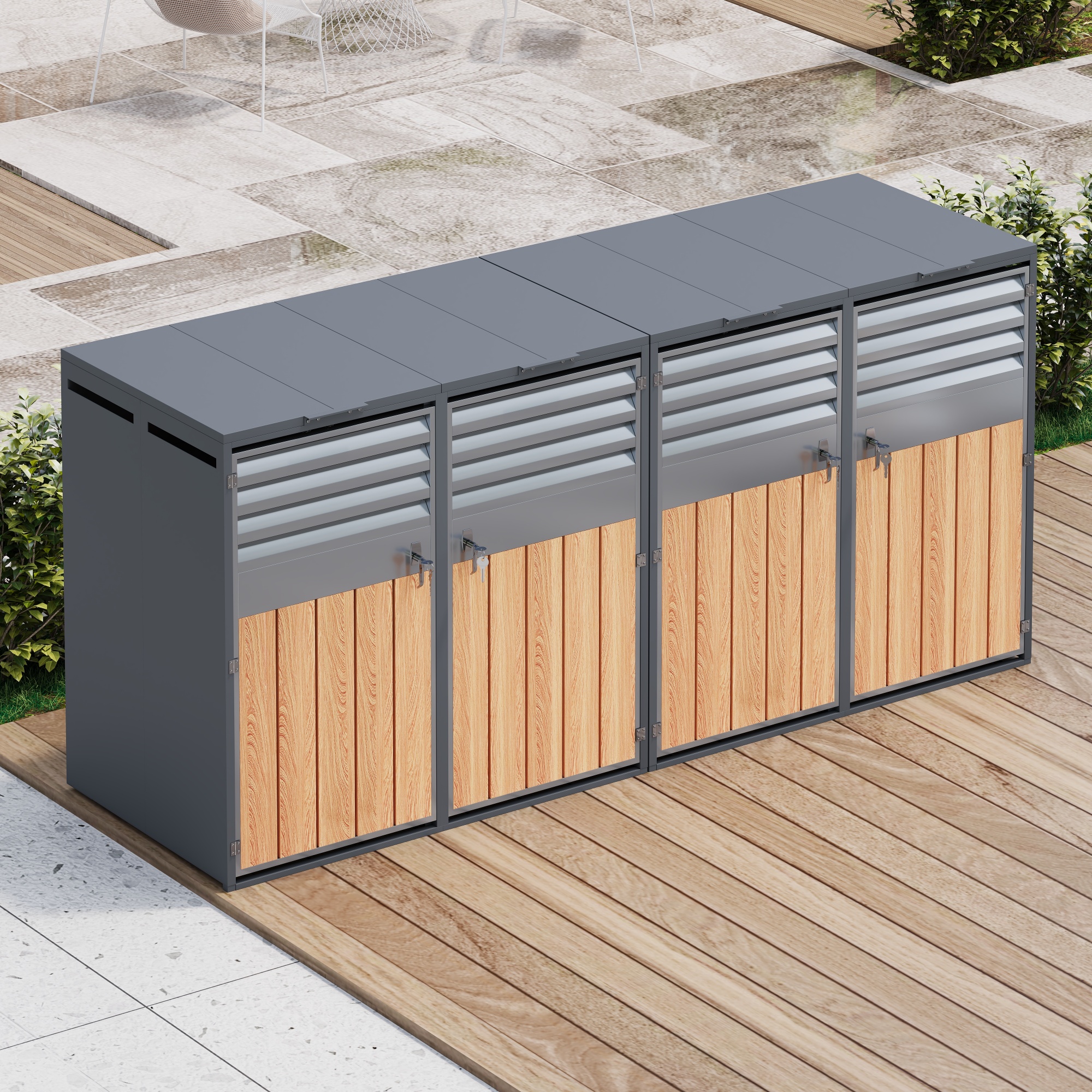 Mülltonnenbox, Mit Klappdeckel, Lüftungsöffnung Mit Lamellen, Trash Storage Compartments,abschließbar, Vier Türen,
