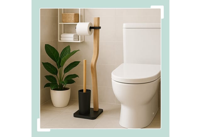 Relaxdays WC Garnitur, HxBxT: 78,5 x 23 x 18 cm, Holz & Metall, stehender Klopapierhalter mit WC-Bürste, schwarz/natur