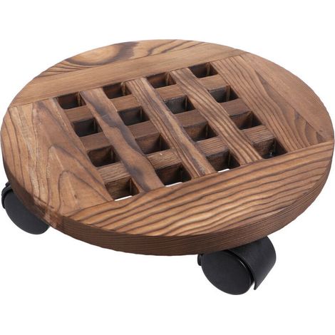Rundes Untersetzertablett Aus Verkohltem Holz, 25 Cm Durchmesser, Mobiler Blumenständer Mit Rollbarem Untergestell, 2 Stück