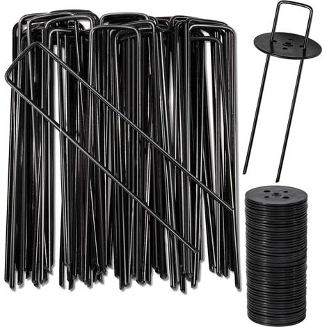 Befestigungspfähle, Gartenpfähle Aus Kohlenstoffstahl, 40 Schwarze Pfähle + 40 Schwarze Unterlegscheiben, Befestigungspfähle Für Kunstrasen, Zäune, Planen, Gras, H 150 Mm, L 25 Mm, Ø 2,8 Mm