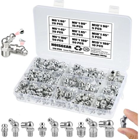170-teiliges Sortiment An Schmiernippeln M6 M8 M10 Schraubensatz Aus Vernickeltem Eisen, Gerade Und Abgewinkelt 45°/90° Für Maschinen, Autos, Boote, Traktoren