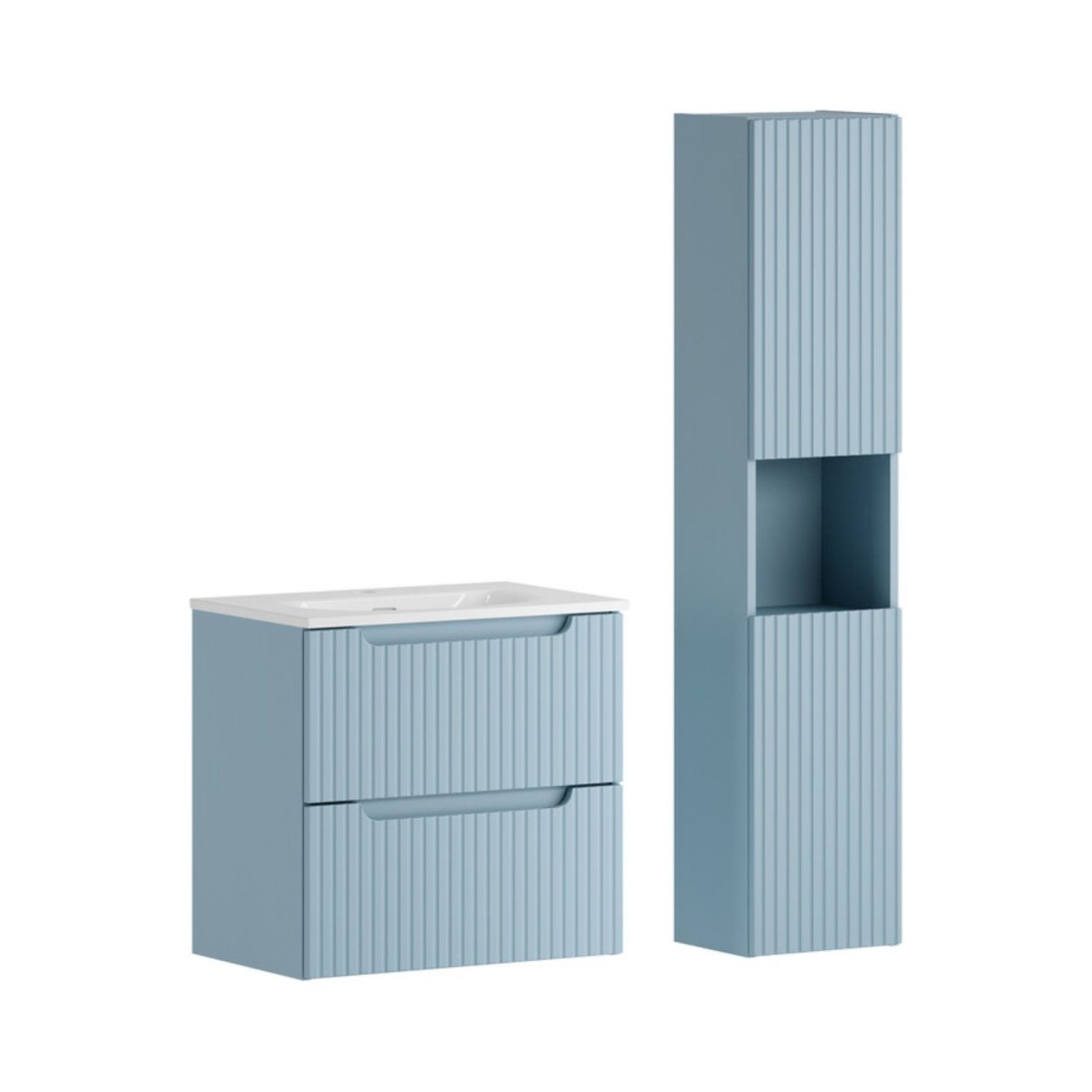Hängendes Badezimmer-set Vano In Denim-blau 90cm: Unterschrank Mit Schubladen + Weiße Einbauwaschbecken + Hochschrank