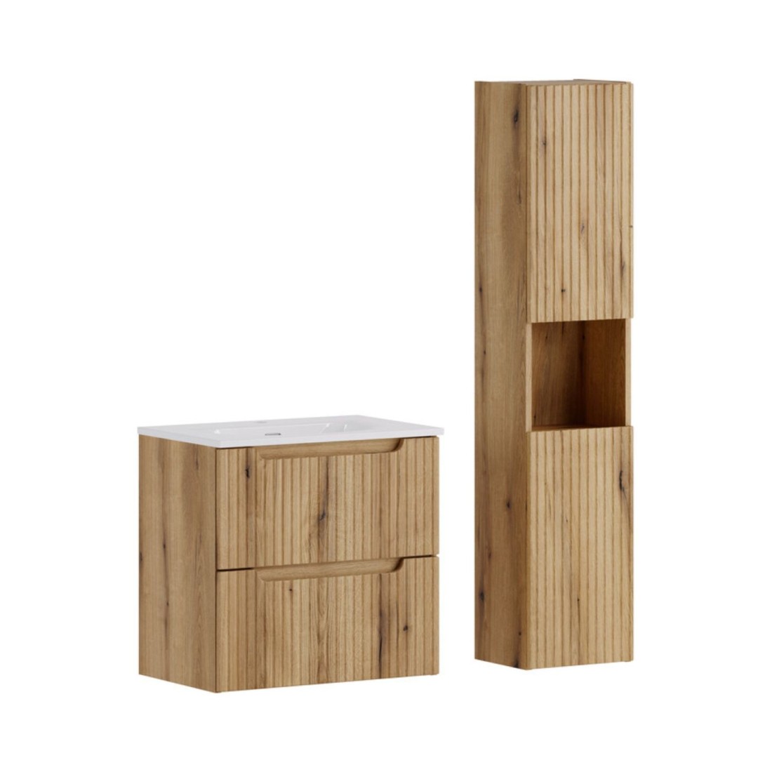 Hängendes Badezimmer-set Vano In Hellem Eichenholz 90cm: Unterschrank Mit Schubladen + Einbauwaschbecken + Hochschrank