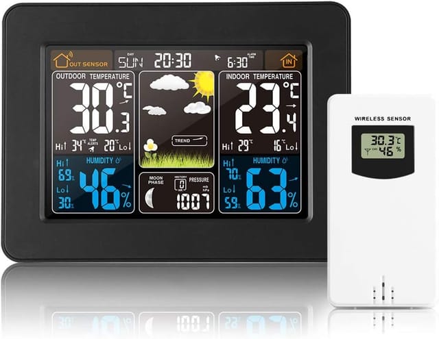 Kabellose Digitale Wetterstation Mit Außensensor – Mit Uhrzeit, Datum, Temperatur, Luftfeuchtigkeit, Barometer, Alarm, Mondphasenanzeige, Multifunktionsthermometer (schwarz)