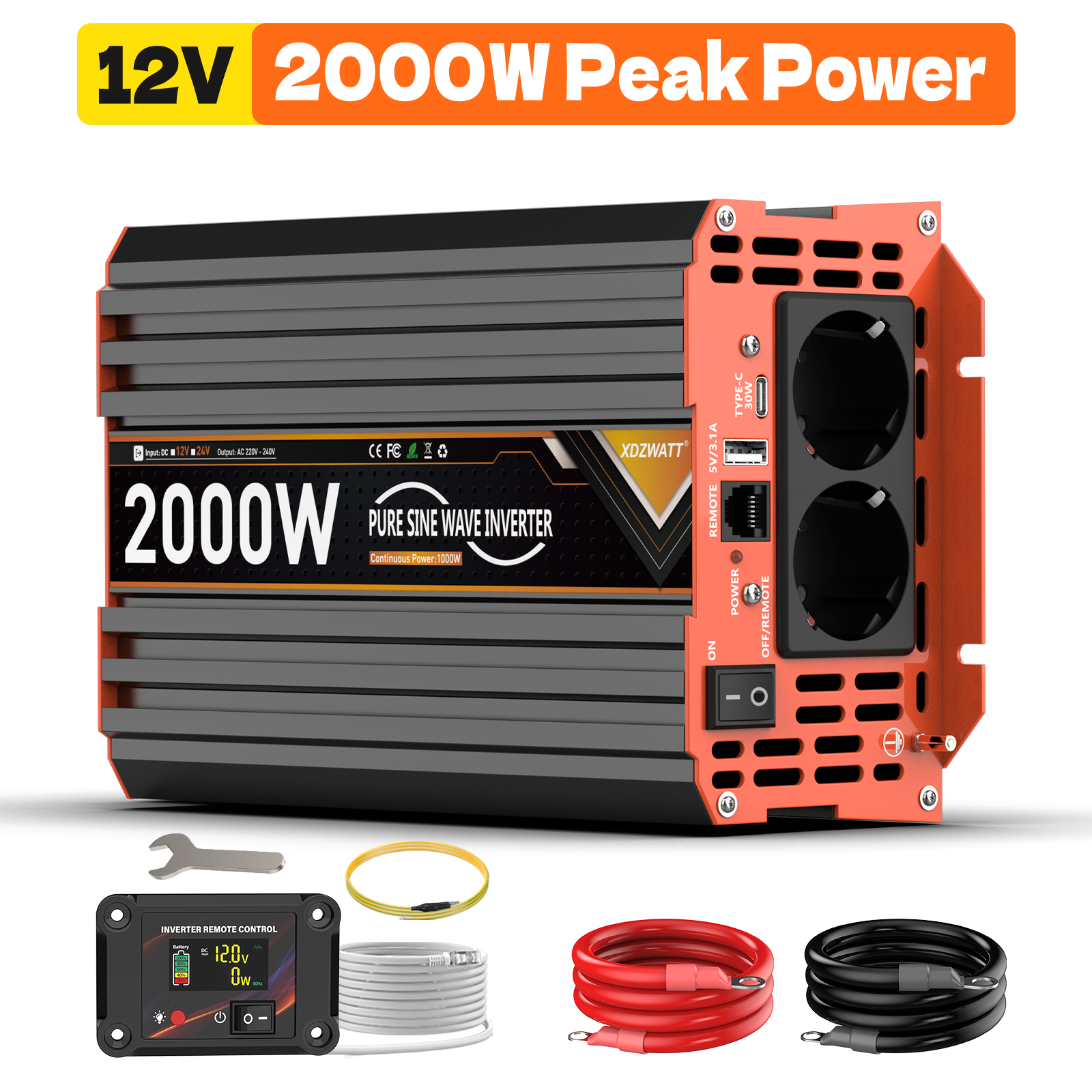 Convertisseur De Tension 12v À 230v – Onde Sinusoïdale Pure 1000w Continu 2000w Crête – Protection Surchauffe Court-circuit