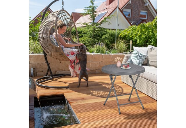 Gartentisch, klappbar, HxD: 74 x 80 cm, Rattanoptik, Kunststoff & Stahl, wetterfest, runder Balkontisch, grau - Relaxdays