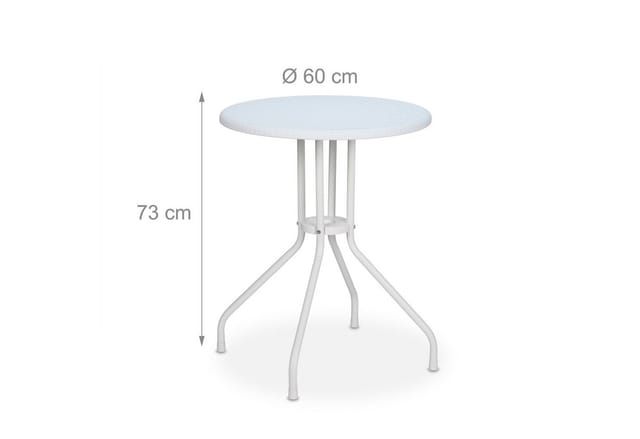 Gartentisch, h x d: 73 x 60 cm, Rattanoptik, Kunststoff & Stahl, Outdoor Esstisch, runder Balkontisch, weiß - Relaxdays