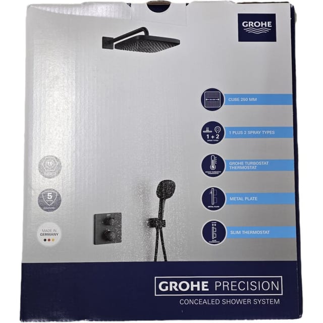 Brauseset mit Unterputz-Thermostat, mit Einbaukörper, 25x25 cm, 2 Strahlarten, schwarz matt 348822430 - Grohe