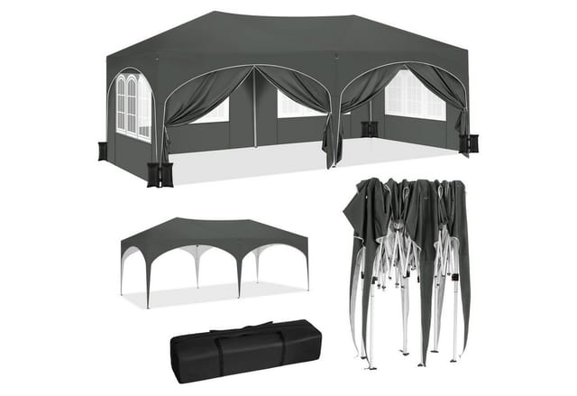 Pavillon Mit 6 Seitenteilen Und 4 Sandsäcke, 3x6m Faltpavillon Gartenpavillon Mit Halbmonddach, Höhenverstellbar, Mit Tragetasche, Wasserfest Stabil Uv-schutz, Pop Up Partyzelt Outdoor, Grau - Woltu