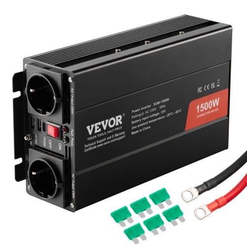 Mophorn - Vevor Sinus-wechselrichter, 1500 W Dc 12 V Ac 230 V Wechselrichter Mit 2 Ac-steckdosen 2 Usb-anschlüssen 1 Typ-c-anschluss 6 Ersatzsicherungen Für Kleine Haushaltsgeräte Wie Smartphone-laptops