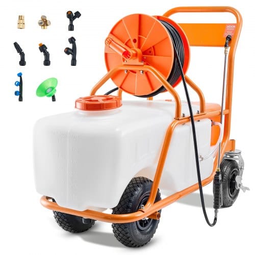 Mophorn - Vevor Rasensprüher Mit Rädern, Einstellbarer Druck 0–90 Psi, Sprühgerät Mit 60-l-tank, Mit 8 Düsen, 2 Zauberstäben, Breiter Öffnungsdeckel Für Garten, Jäten, Sprühen