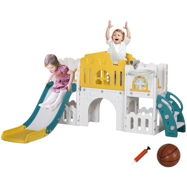 Kinderrutsche, 7 in 1, Kleinkinderrutsche mit Basketballkorb, Klettergerüst, Teleskop, Tunnel, Lenkrad, Plattformgang, Aufbewahrungskorb, Kinder