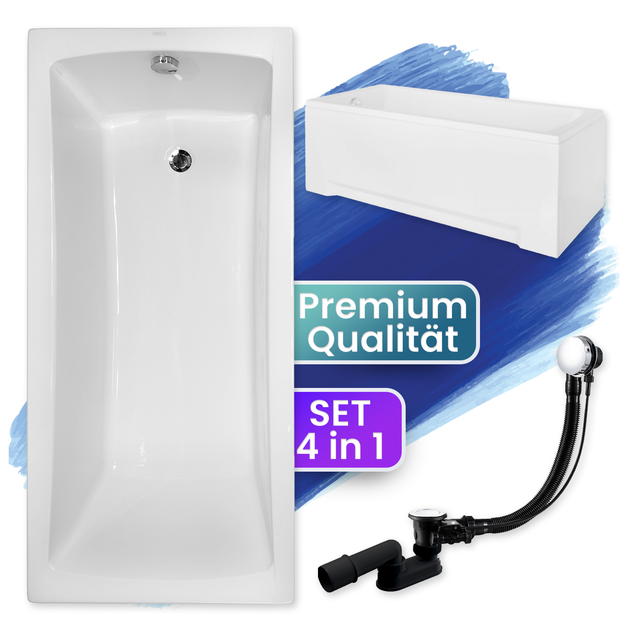 Badewanne Rechteck 150x70 mit AcrylSchürze, Ablaufgarnitur & Füßen gratis - Komplettset 4in1 Original Acryl Wanne Siphon Badland optima