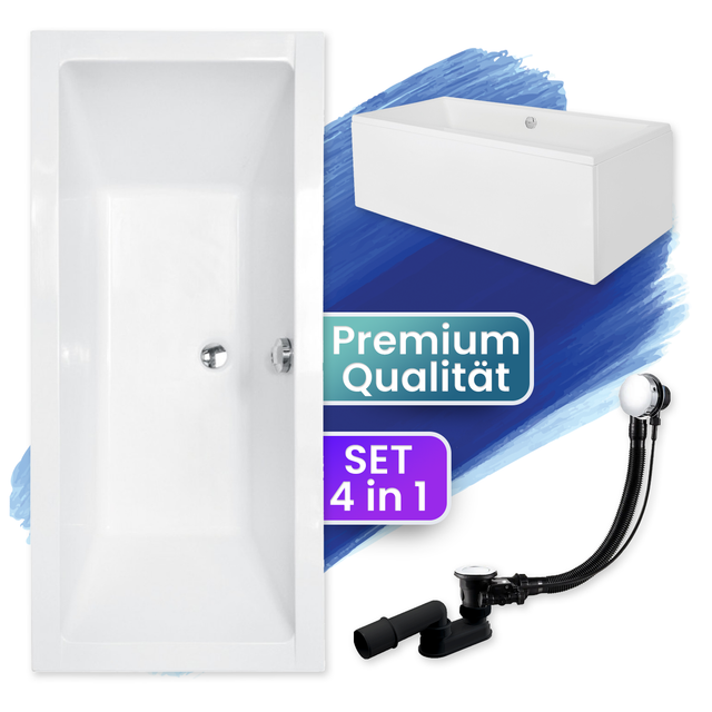 Badland - Badewanne Rechteck 180x80 mit AcrylSchürze, Ablaufgarnitur & Füßen gratis - Komplettset 4in1 Original Acryl Wanne Siphon quadro