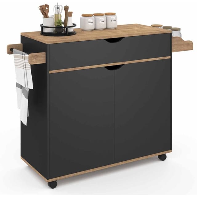 Küchenwagen COSY XXL Schrank mit schwarzer Schublade und Buchenholzplatten B.90 CM