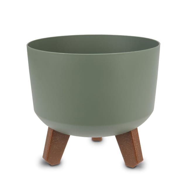 Kunststoff Blumentopf auf Füßen oliv - Ø 19 cm - Pflanztopf rund mit Wasserspeicher Boden - Garten Deko Übertopf Pflanzgefäß Blumenkasten