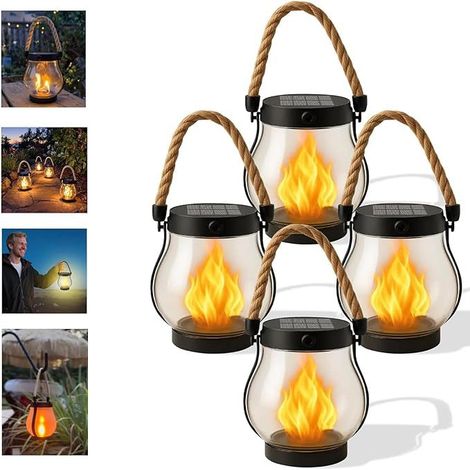 Vier Wasserdichte Solarlaternen Für Den Außenbereich Mit Blinklichtern Und Flammeneffekt. Inklusive Hanfseil, Ideal Zum Aufhängen In Gärten, Höfen Usw.