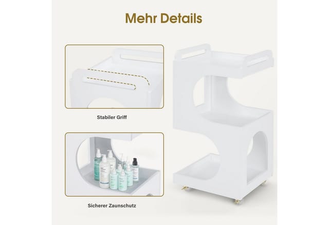 BarberPub Servierwagen mit Rollen, Rollwagen Friseurwagen Weiß, Badwagen Küchenwagen, Salon Trolley mit 3 Ablagen, Moderner Mehrzweckwagen, 0045