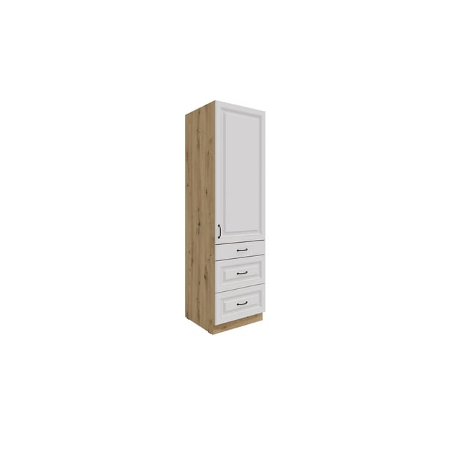 Küchen Hochschrank 60 cm mit Schubladen Stilo Weiss + Eiche Artisan Küchenzeile Küchenblock Einbauküche Landhaus Küche