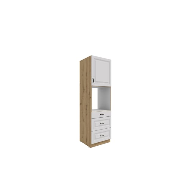 Küchen Backofen Hochschrank 60 cm mit Schubladen Stilo Weiss + Eiche Artisan Küchenzeile Küchenblock Einbauküche Landhaus Küche