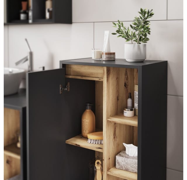 Midischrank Viola, Grau/Artisan, 50 x 86 cm mit offenen Regalen, Vicco