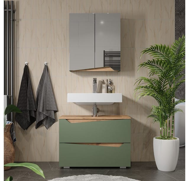 Spiegelschrank Marelle, Grün/Artisan, 60 x 67 cm mit höhenverstellbarem Einlegeboden, Vicco