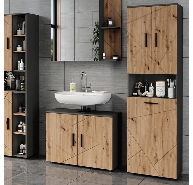 Hochschrank Irma, Anthrazit/Artisan, 50 x 172 cm mit Wäschkorb, Vicco