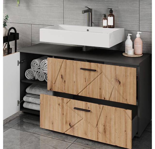 Waschbeckenunterschrank Irma, Anthrazit/Artisan, 120.1 x 60.6 cm mit 2 Schubladen und 1 Tür, Vicco
