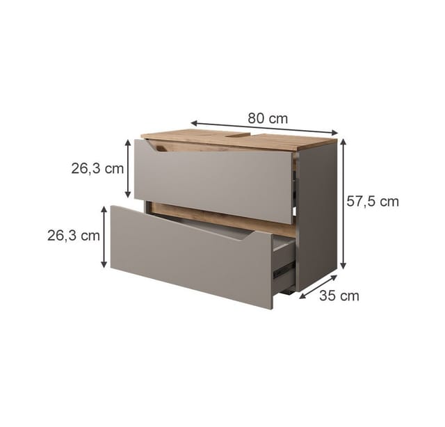 Waschbeckenunterschrank Marelle, Greige/Artisan-Eiche, 80 x 57.5 cm mit 2 Schubladen, Vicco