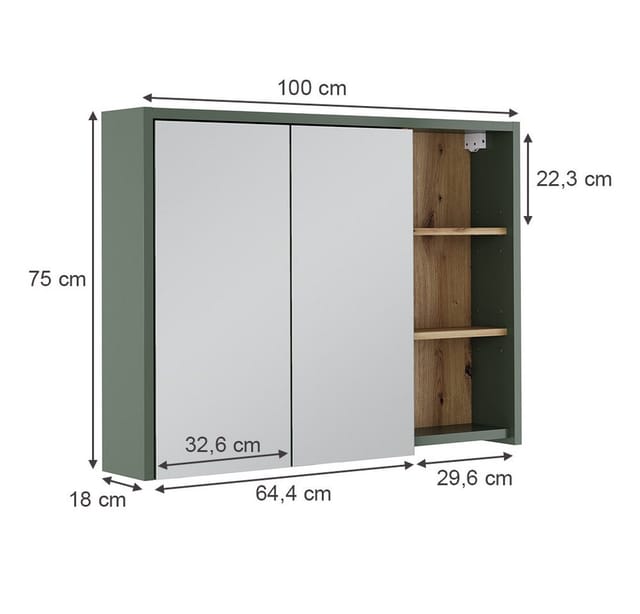 Badspiegelschrank Viola, Grün/Artisan, 100 x 75 cm mit offenen Regalen, Vicco