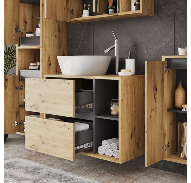 Waschbeckenunterschrank Viola, Artisan/Grau, 80 x 60 cm mit 2 Schubladen, Vicco