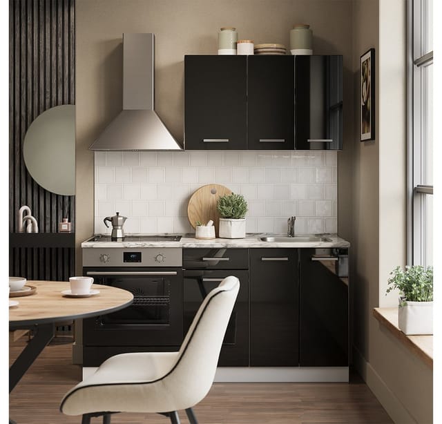 Singleküche R-Line, Schwarz Hochglanz/Weiß, 160 cm mit Herdumbauschrank ohne Arbeitsplatte, Vicco