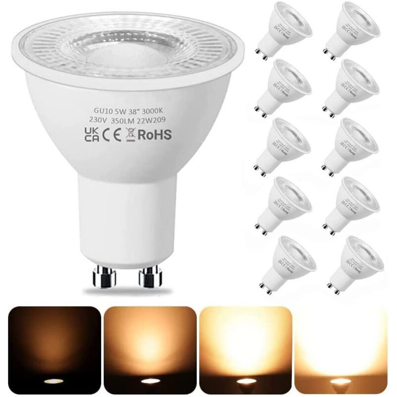Gu10 Led-lampen, Dimmbar, Led-spot-typ, 4,9 Watt (entspricht Einer 50-watt-halogenlampe), Warmweißes Licht 2700 Kelvin, 350 Lumen, 10er-packung.