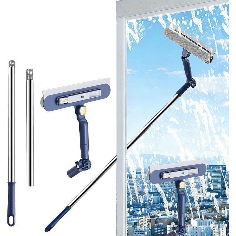 2-in-1-fensterreiniger Mit Teleskopabzieher Und 120 Cm Langer Bürste, Drehbarer Kopf, Geeignet Für Fenster, Spiegel Und Duschen – Blau