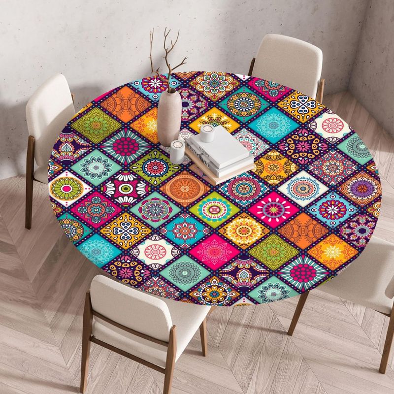 Runde Tischdecke 110 Cm – Waschbare Und Wetterfeste Gartentischdecke Mit Gummizug – Für Den Außenbereich, Balkon Und Garten – Tischdecke Im Bohème-stil Mit Gummizug