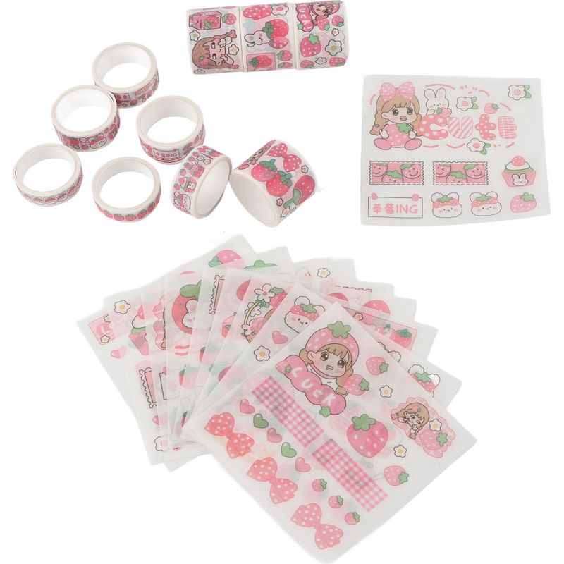 Set Mit Niedlichen Washi-stickern Mit Cartoon-mustern, Dekorativen Etiketten, Scrapbooking-zubehör, Erdbeermilch