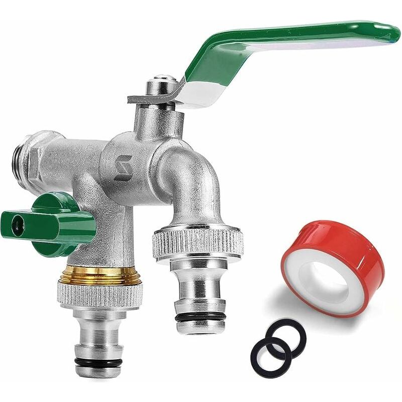 Dickwandiger Verteiler Für Außenwasserhähne Aus Massivem Messing, Doppelt Verchromtes Und Vernickeltes Ventil Zum Anschluss An Einen Gartenschlauch, Garantiert Auslaufsicher.