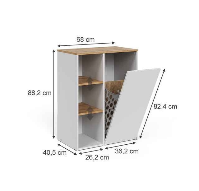 Badschrank Viktor, Weiß/Artisan, 68 x 88.2 cm mit offenen Regalen und Wäschekorb, Vicco