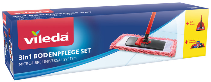 Vileda 3in1 Bodenpflege-Set mit Teleskopstiel Bodenwischer, Besen, Kehrgarnitur