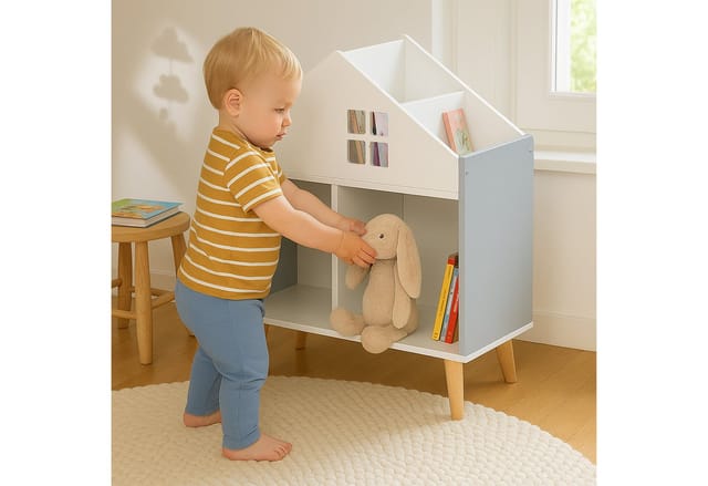 Relaxdays Kinderregal Hausform, 6 Fächer, HxBxT: 65,7 x 60 x 30 cm, Spielzeugregal, Stauraum Kinderzimmer, weiß/grau