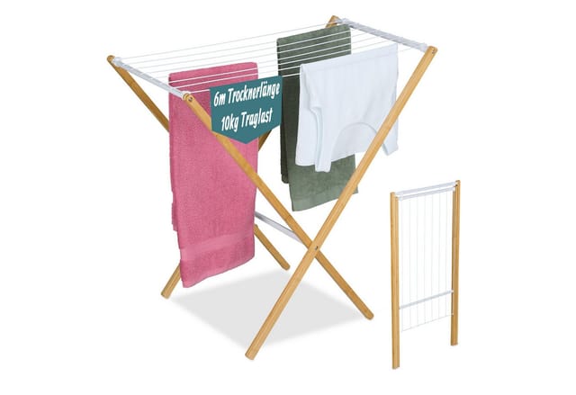 Relaxdays Wäscheständer, klappbar, 8 Stangen, HxBxT: 77 x 79 x 49 cm, Bambus, Metall, Standwäschetrockner, natur/weiß