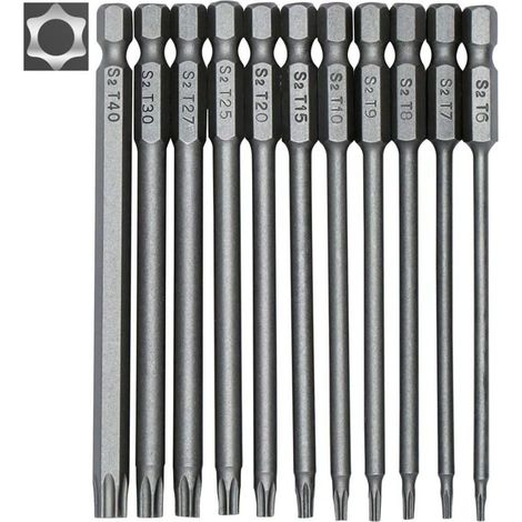 Klvgtifs Pu - Inhhub 11-teiliges Langes Torx-bit-set Für Schraubendreher Und Bohrmaschinen - Magnetische Bits - 1/4"-sechskantschaft - Größen T6 Bis T40 - Länge 100 Mm - Inhhub