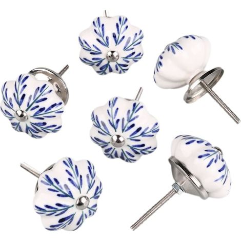 Klvgtifs Pu - Set Aus 6 Tür-/schubladengriffen Im Vintage-shabby-chic-stil, Handbemalte Keramik, Weiß-blaues Blumenmuster, Kürbisförmig.