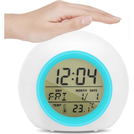 Klvgtifs Pu - Digitaler Nachttischwecker Mit 7-farbigem Nachtlicht Und 8 Klingeltönen, Temperaturanzeige, Kalender Und Musik.