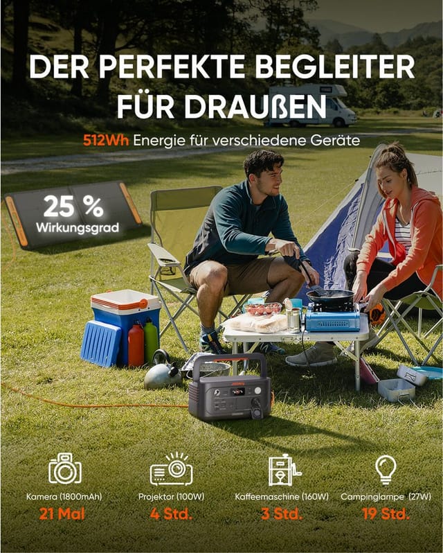 Jackery Explorer 500 V2 Tragbare Powerstation, 512Wh Solargenerator 230V/500W (Spitze 1000W) mit Schnellladung, LiFePO4 Akku 6000 Zyklen,