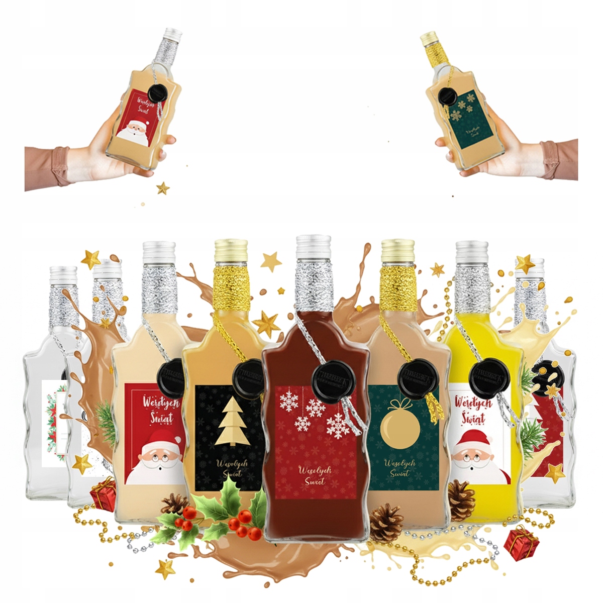10 Glasflaschen Fala 500ml, Weihnachtlich Dekoriert, Für Liköre (0,5l)